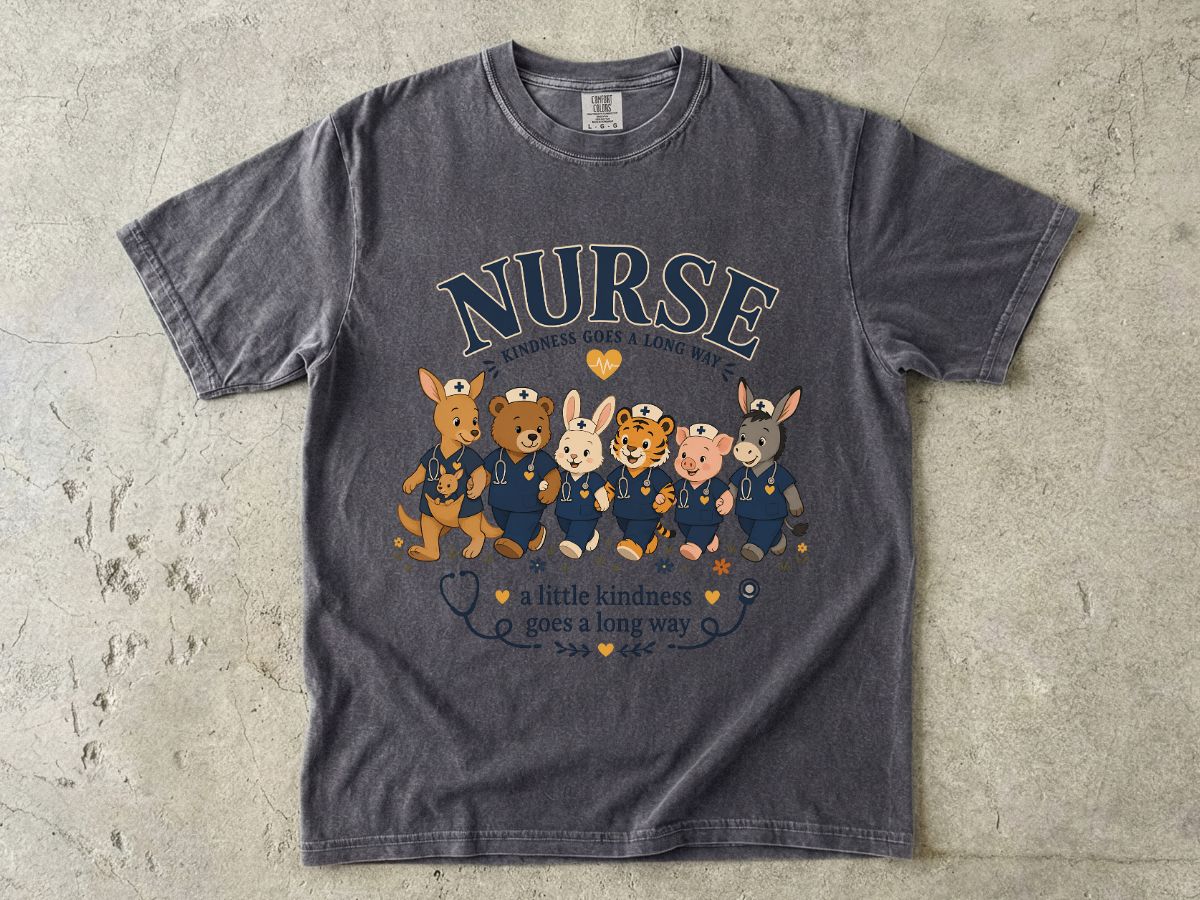 Nurse Cute Animal Crew T-Shirt — "A Little Kindness Goes a Long Way"