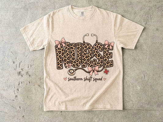 Southern Shift Squad Nurse Shirt | Leopard Print Comfort Colors Tee for Nurses