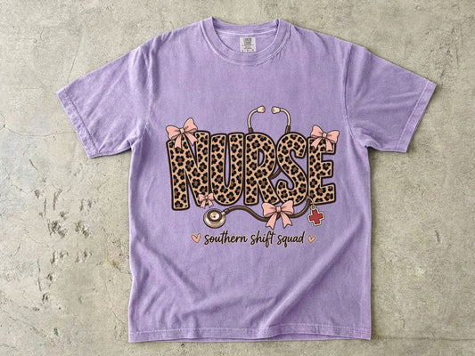Southern Shift Squad Nurse Shirt | Leopard Print Comfort Colors Tee for Nurses