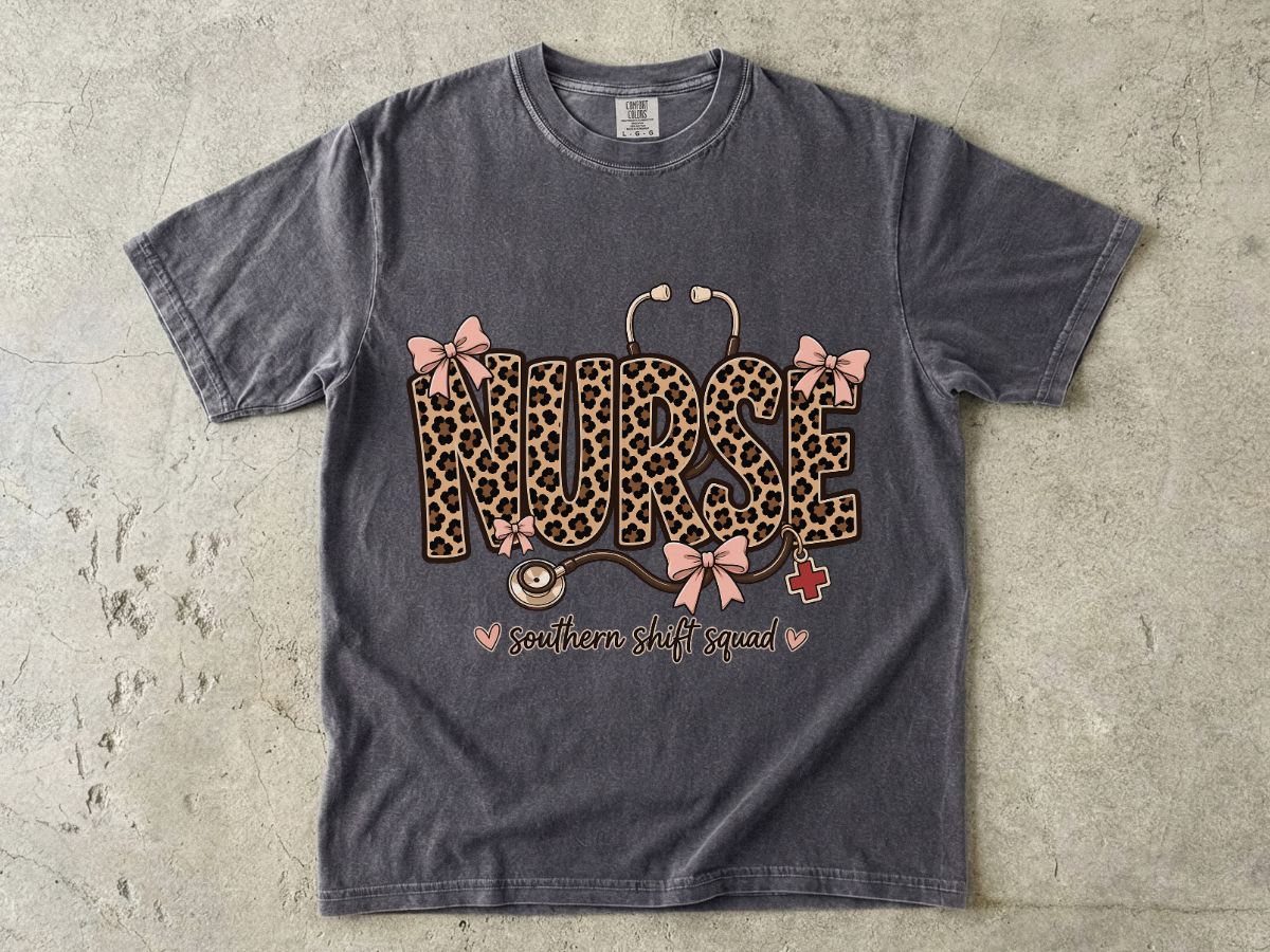 Southern Shift Squad Nurse Shirt | Leopard Print Comfort Colors Tee for Nurses