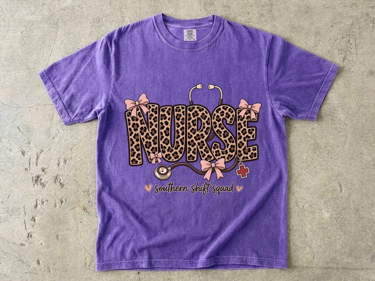 Southern Shift Squad Nurse Shirt | Leopard Print Comfort Colors Tee for Nurses