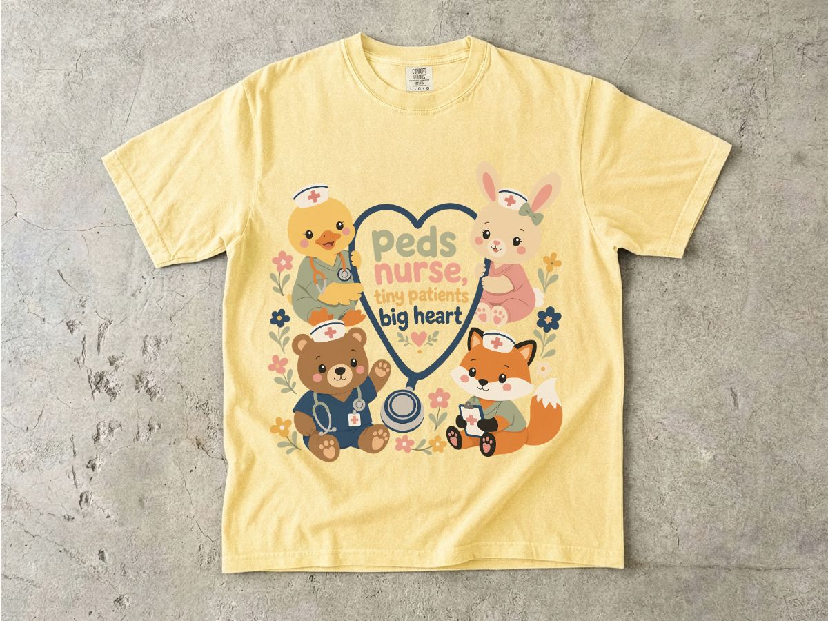 Peds Nurse T‑Shirt — Cute Woodland Animal Pediatric Nurse Tee ("tiny patients, big heart")
