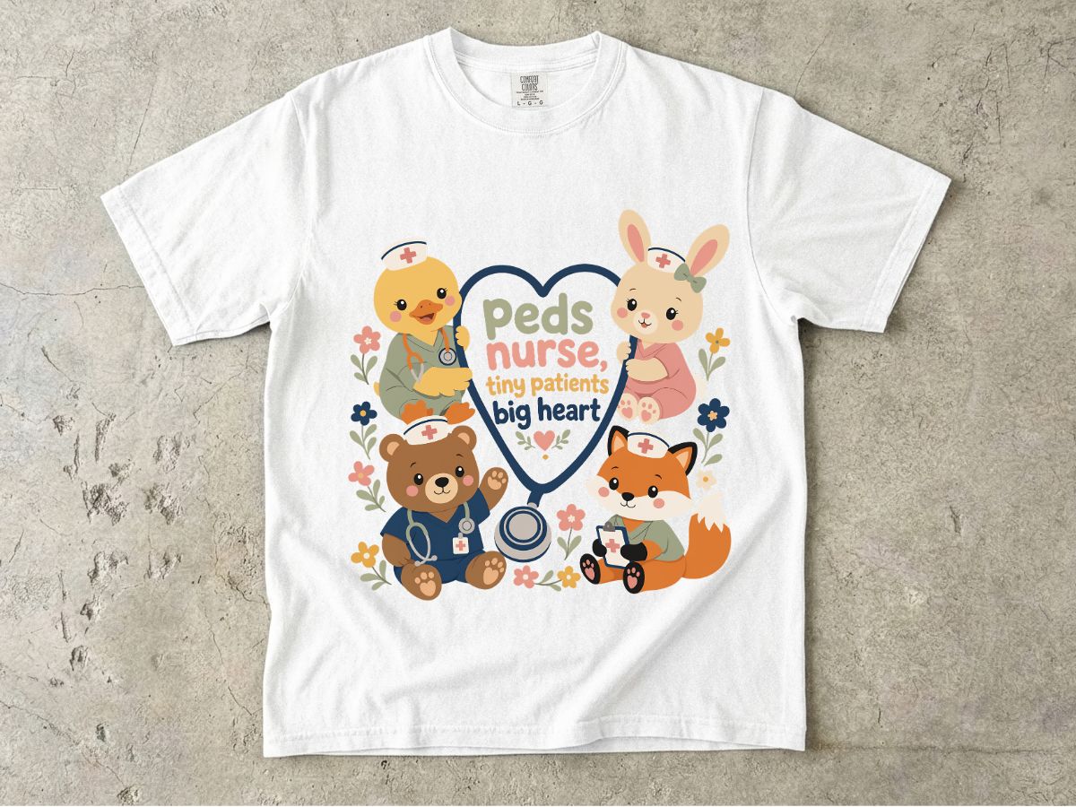 Peds Nurse T‑Shirt — Cute Woodland Animal Pediatric Nurse Tee ("tiny patients, big heart")