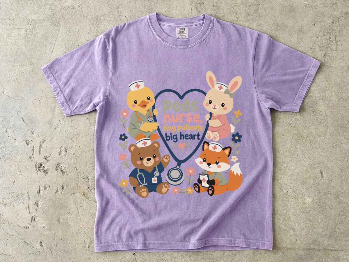 Peds Nurse T‑Shirt — Cute Woodland Animal Pediatric Nurse Tee ("tiny patients, big heart")