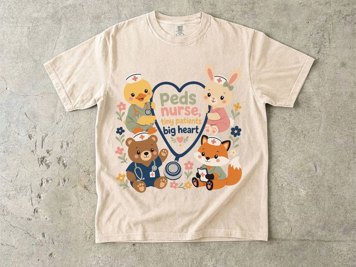 Peds Nurse T‑Shirt — Cute Woodland Animal Pediatric Nurse Tee ("tiny patients, big heart")