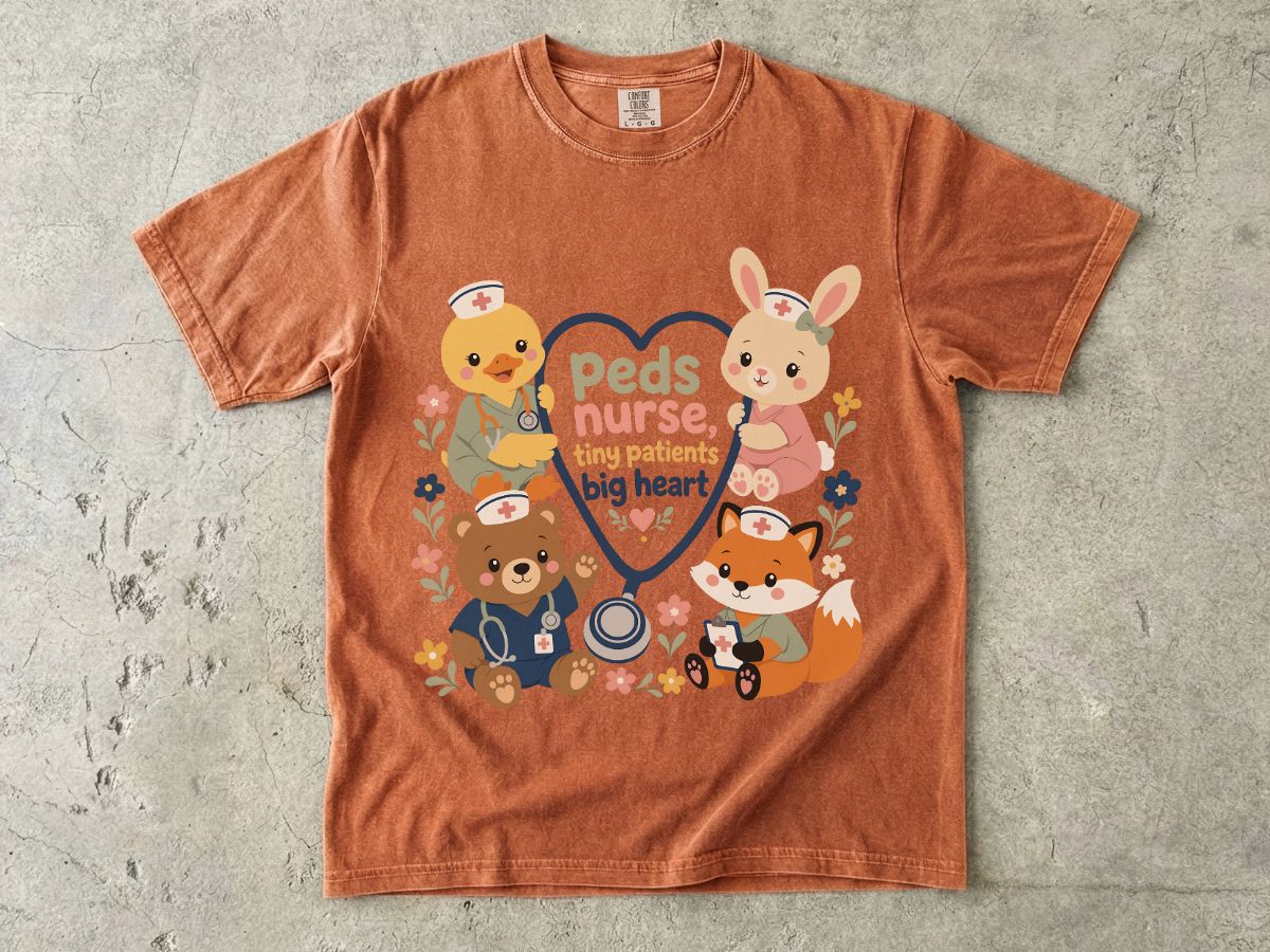 Peds Nurse T‑Shirt — Cute Woodland Animal Pediatric Nurse Tee ("tiny patients, big heart")