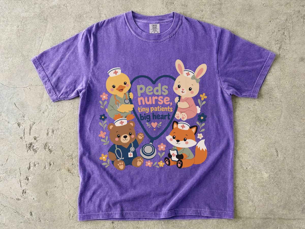 Peds Nurse T‑Shirt — Cute Woodland Animal Pediatric Nurse Tee ("tiny patients, big heart")