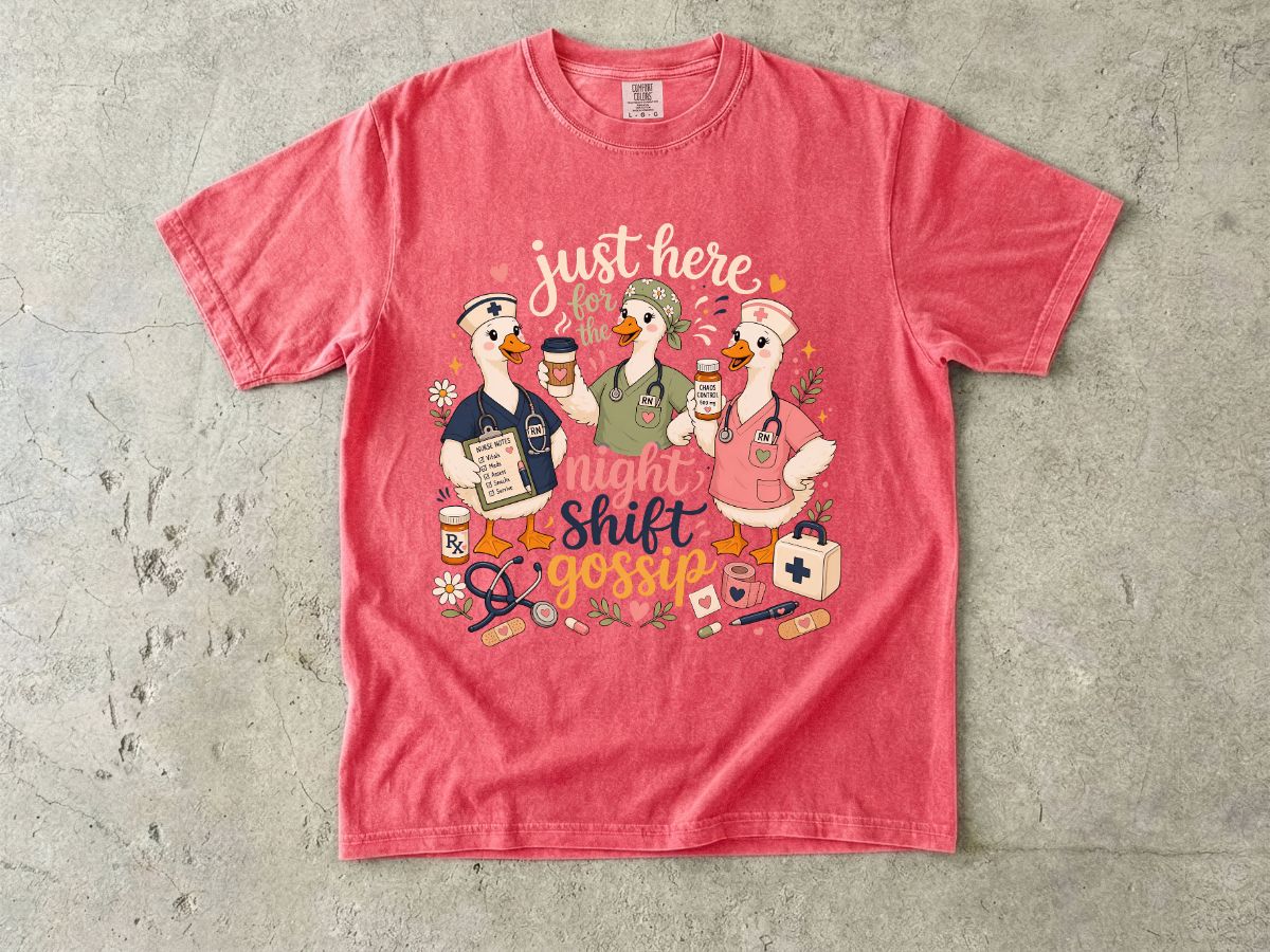 Night Shift Gossip T-Shirt — Cute Nurses & Coffee Graphic Tee