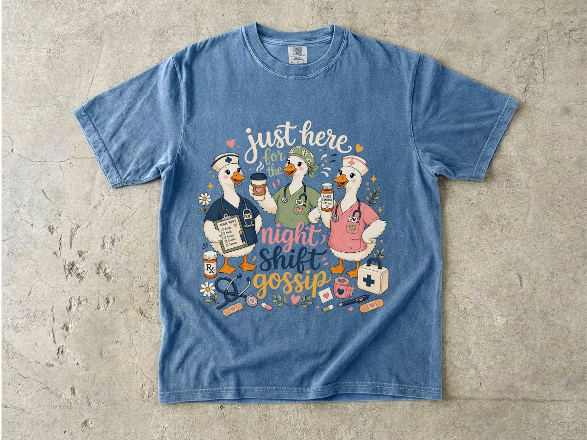 Night Shift Gossip T-Shirt — Cute Nurses & Coffee Graphic Tee