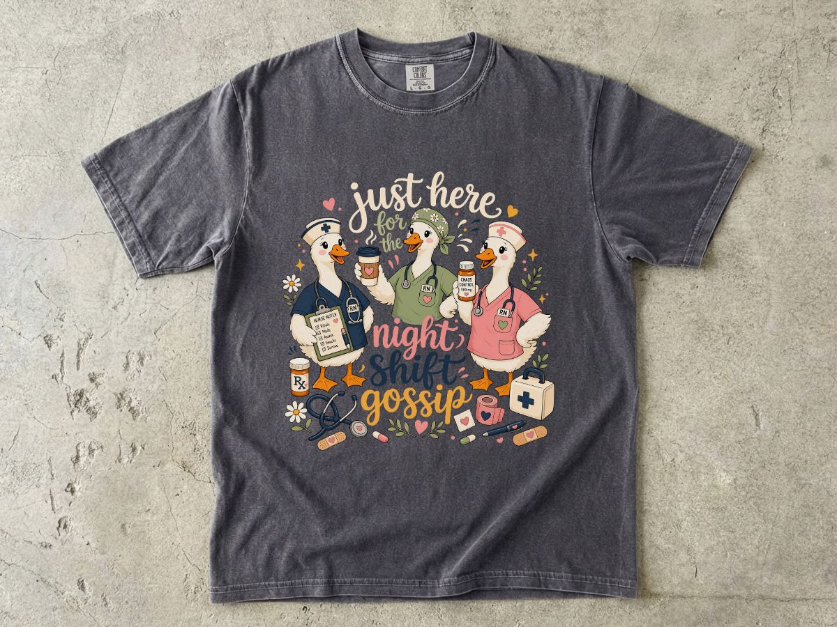 Night Shift Gossip T-Shirt — Cute Nurses & Coffee Graphic Tee