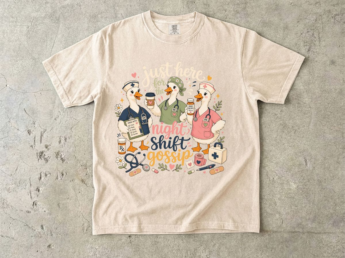 Night Shift Gossip T-Shirt — Cute Nurses & Coffee Graphic Tee