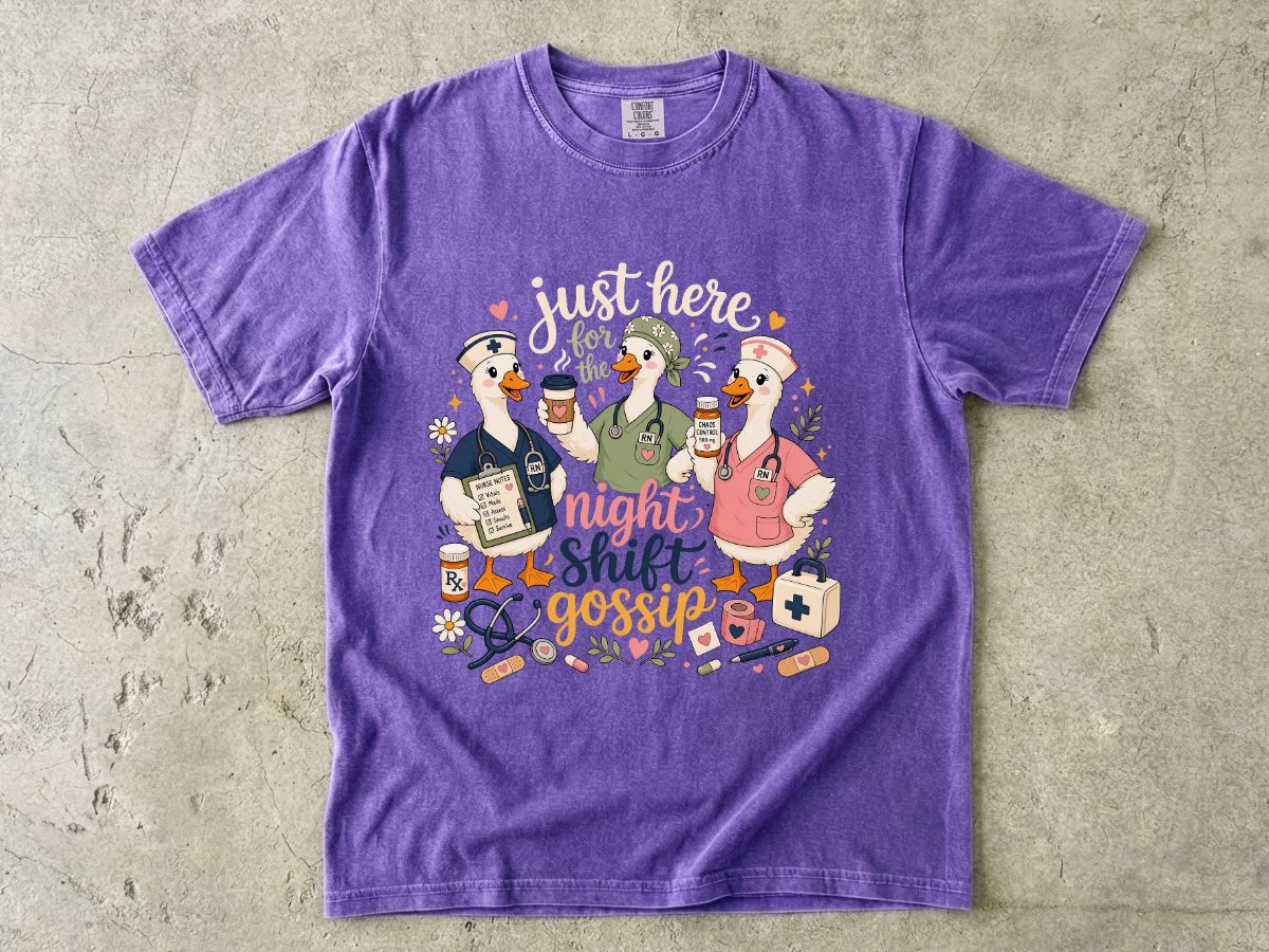 Night Shift Gossip T-Shirt — Cute Nurses & Coffee Graphic Tee