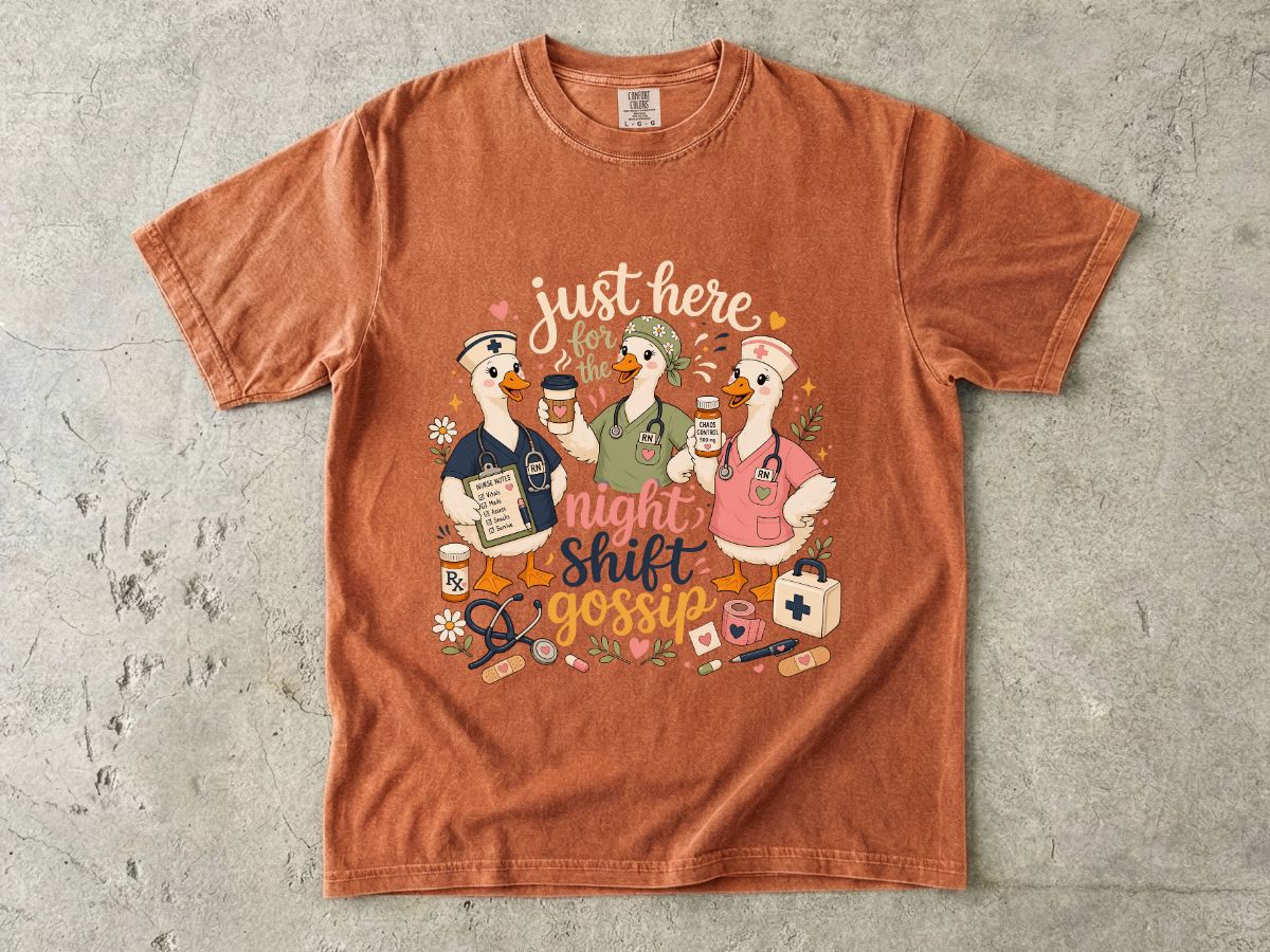 Night Shift Gossip T-Shirt — Cute Nurses & Coffee Graphic Tee