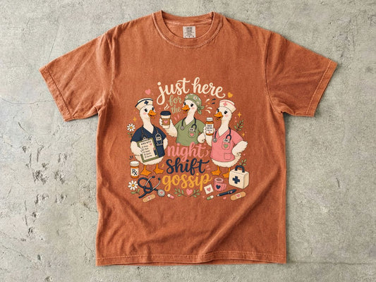 Night Shift Gossip T-Shirt — Cute Nurses & Coffee Graphic Tee