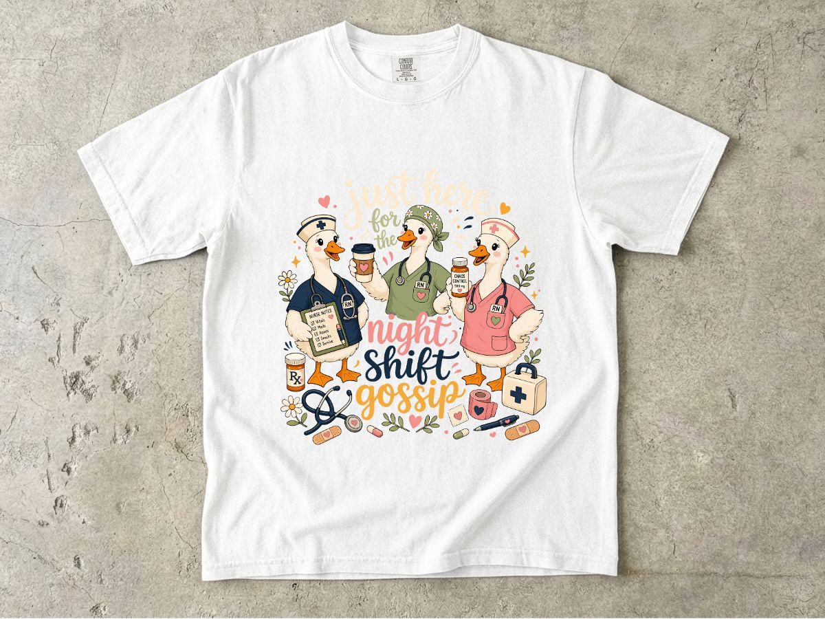 Night Shift Gossip T-Shirt — Cute Nurses & Coffee Graphic Tee