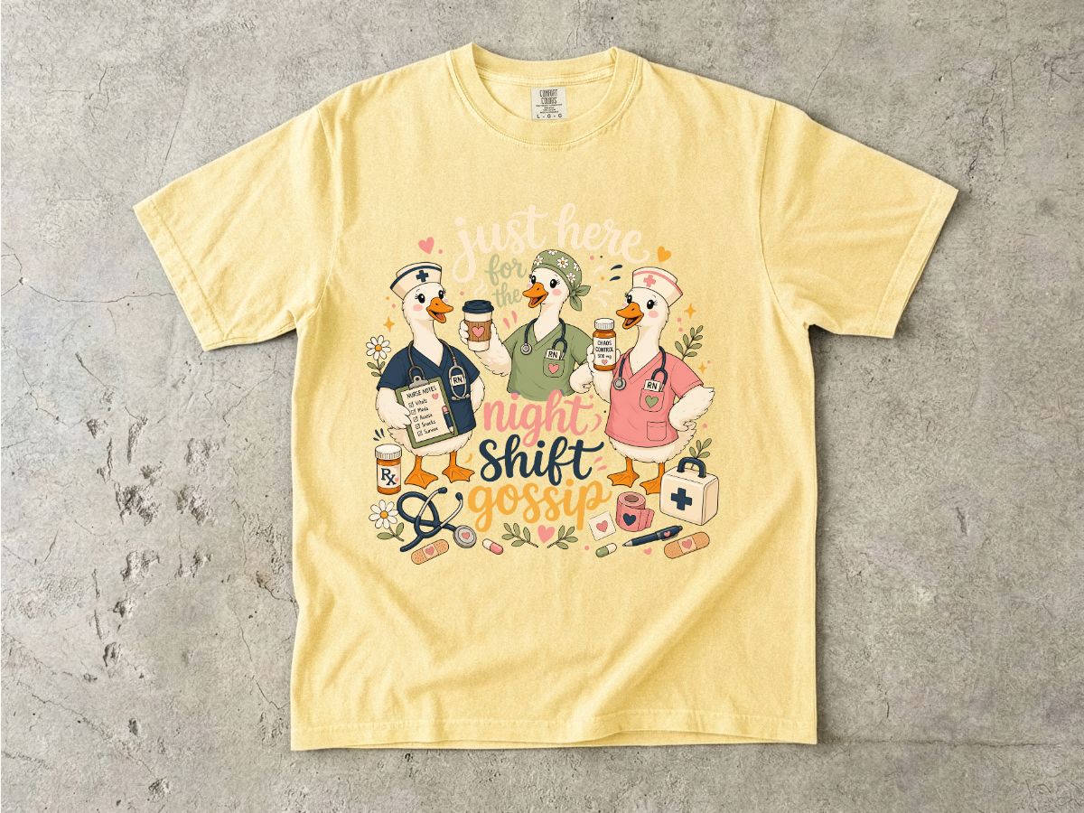 Night Shift Gossip T-Shirt — Cute Nurses & Coffee Graphic Tee