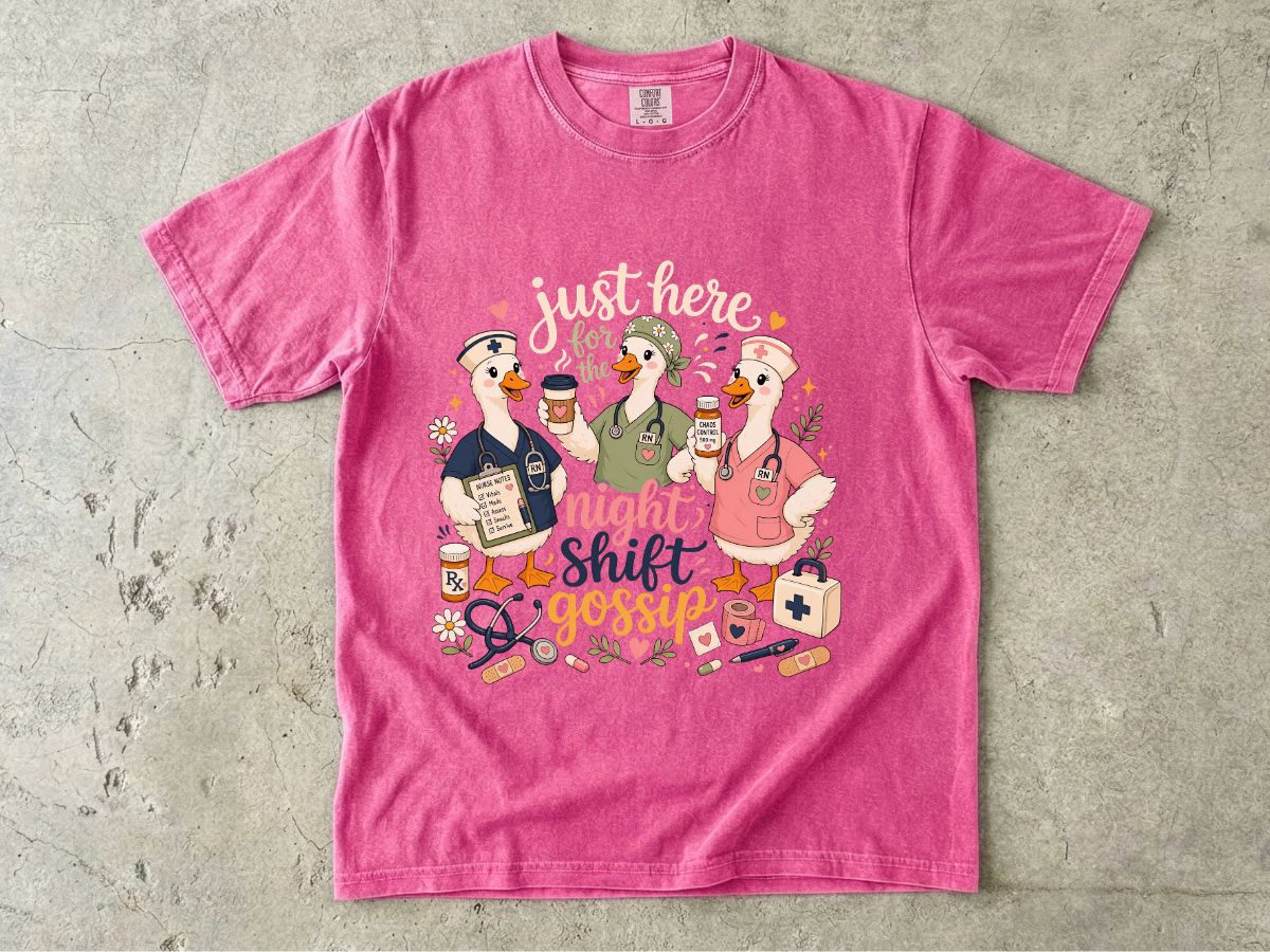 Night Shift Gossip T-Shirt — Cute Nurses & Coffee Graphic Tee