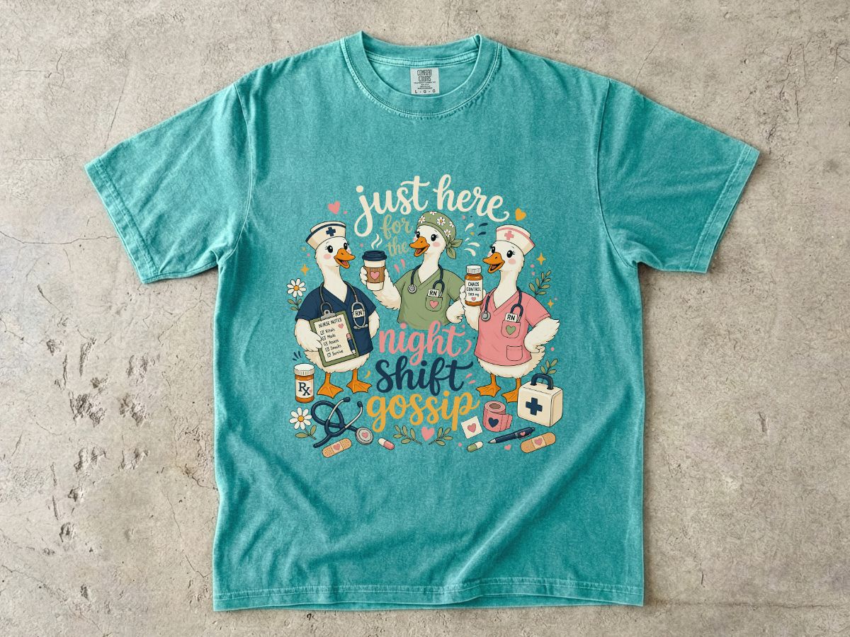 Night Shift Gossip T-Shirt — Cute Nurses & Coffee Graphic Tee