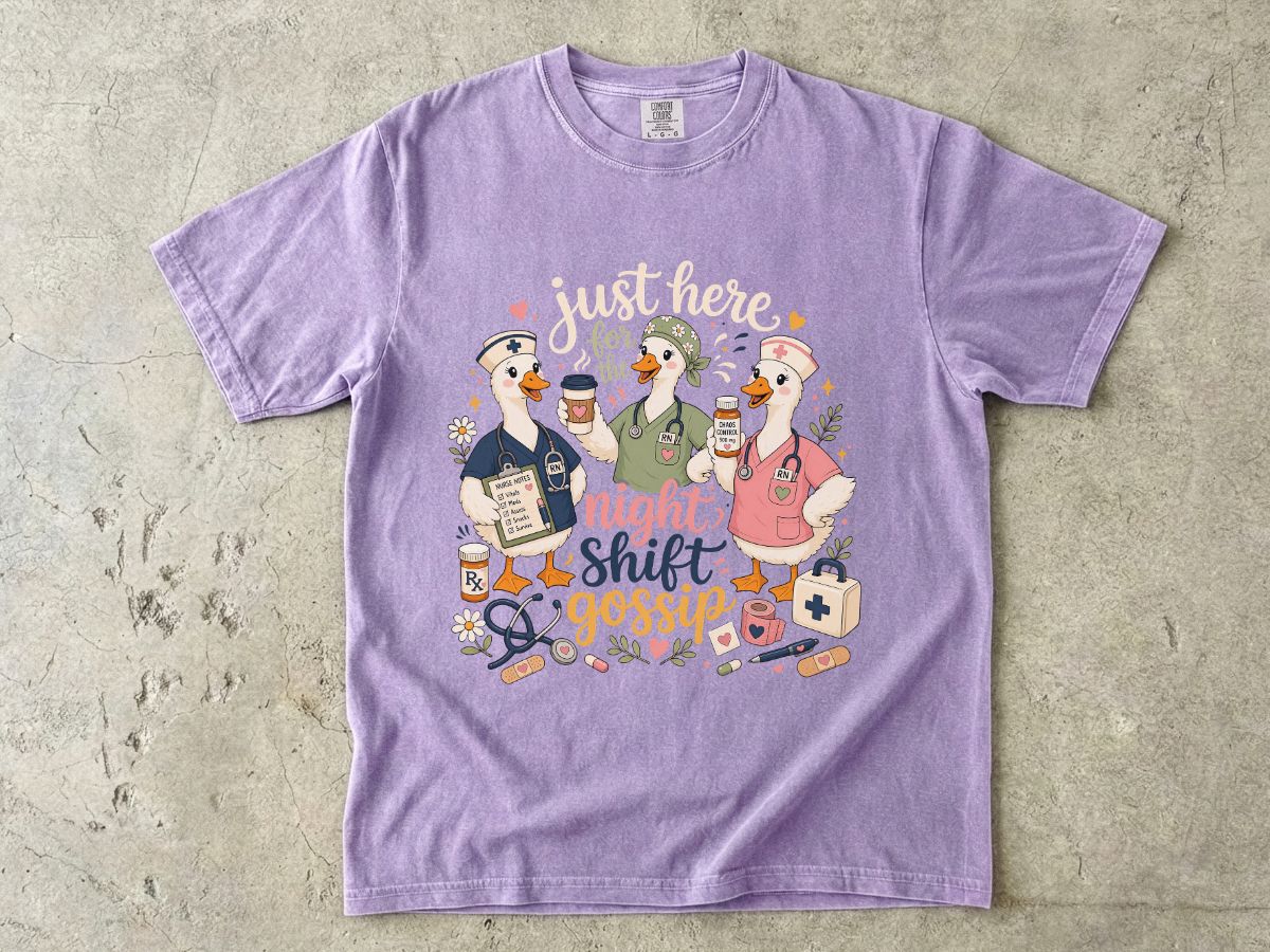 Night Shift Gossip T-Shirt — Cute Nurses & Coffee Graphic Tee