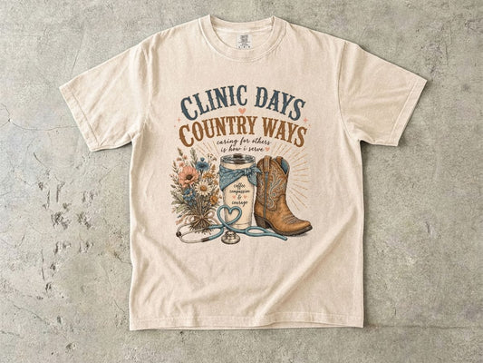 Clinic Days Country Ways Graphic Tee — Western Cowboy Boots & Floral Stethoscope Shirt