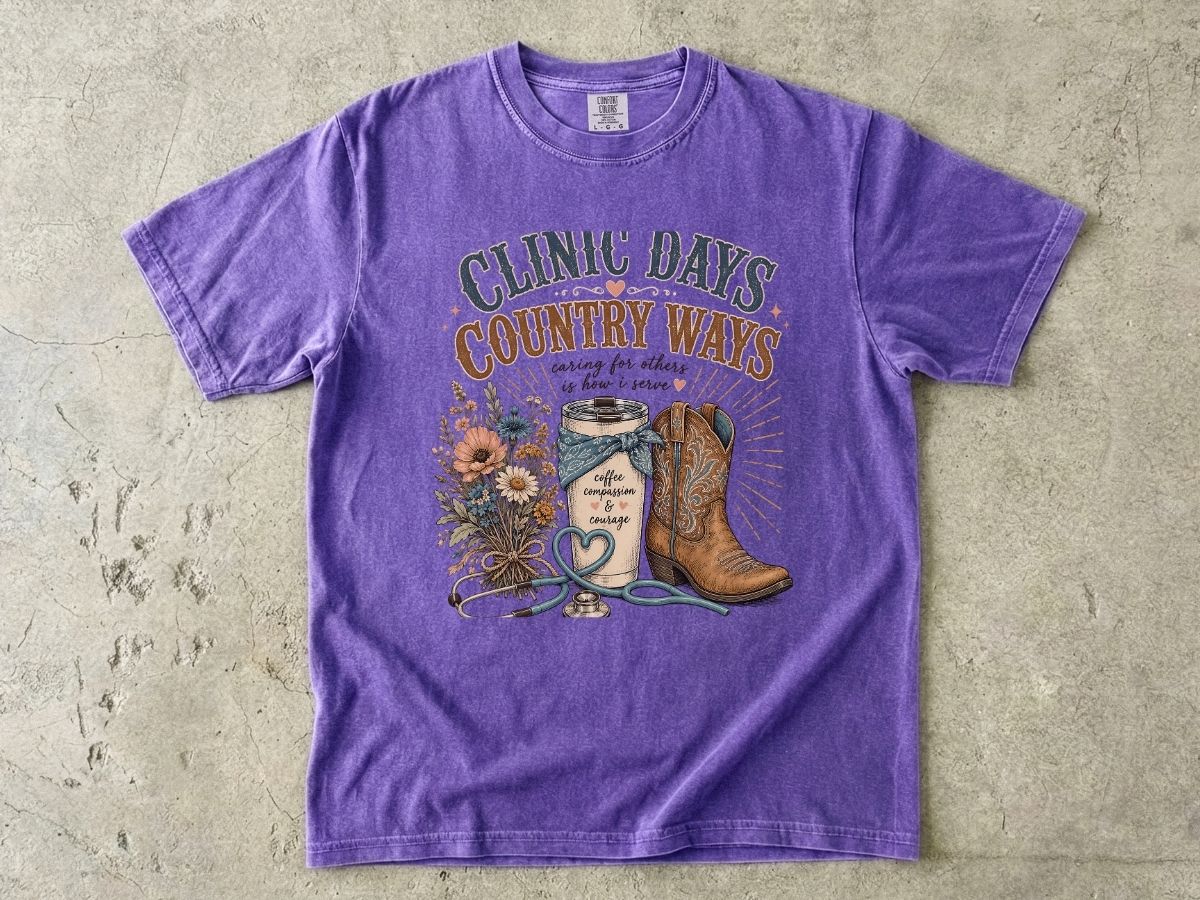 Clinic Days Country Ways Graphic Tee — Western Cowboy Boots & Floral Stethoscope Shirt