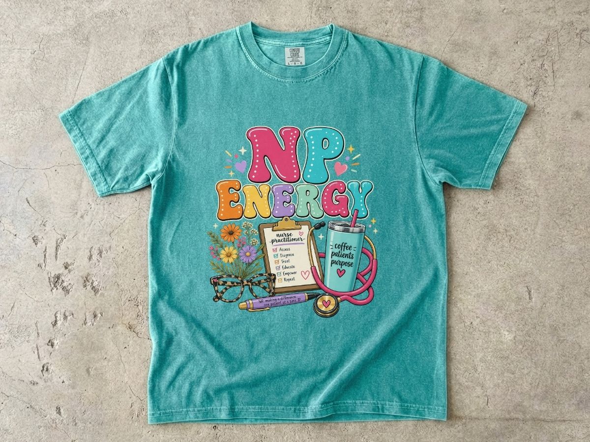 NP Energy Nurse Practitioner T‑Shirt — Cute Stethoscope, Planner & Coffee Graphic
