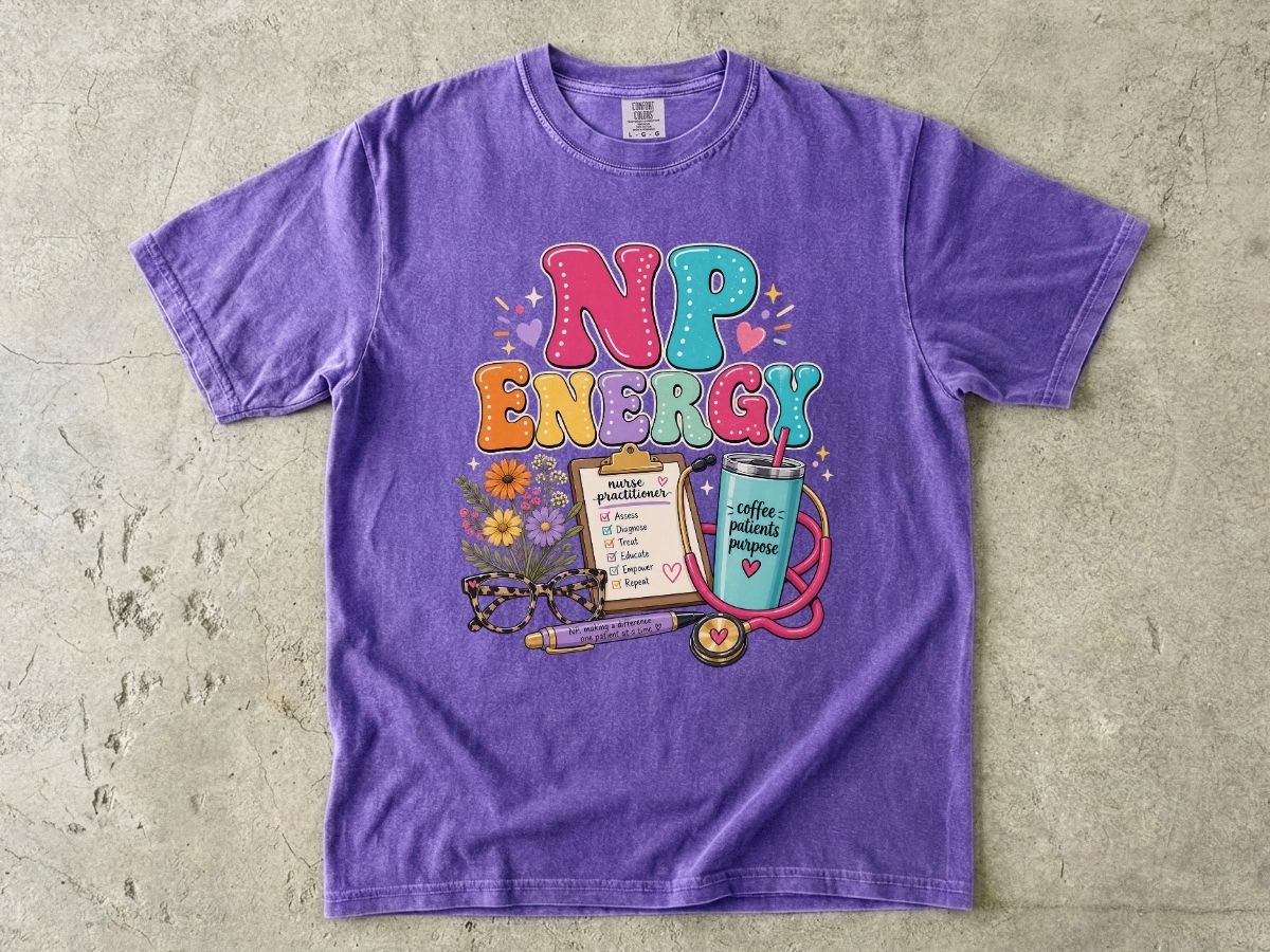 NP Energy Nurse Practitioner T‑Shirt — Cute Stethoscope, Planner & Coffee Graphic