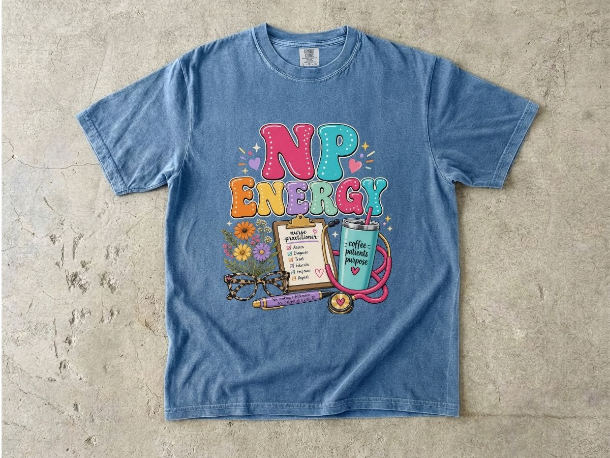 NP Energy Nurse Practitioner T‑Shirt — Cute Stethoscope, Planner & Coffee Graphic