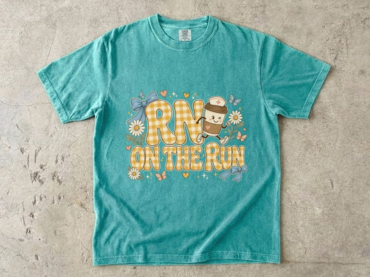 RN On The Run Cute Nurse Coffee Tee — "RN On The Run" Graphic T-Shirt for Nurses