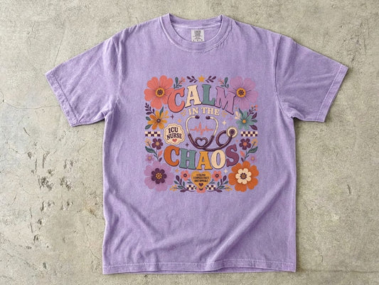 Calm in the Chaos Nurse T-Shirt — Floral ICU Stethoscope Tee for Nurses
