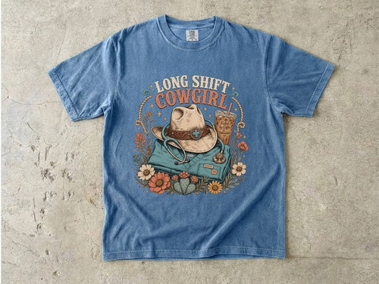 Long Sweet Cowgirl T-Shirt — Vintage Western Hat, Boots & Wildflowers Graphic Tee