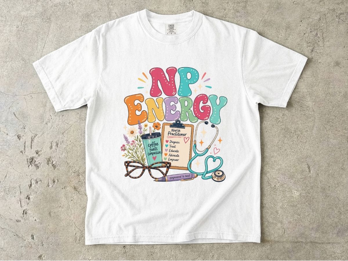 NP Energy Nurse Practitioner T-Shirt — Cute Stethoscope & Coffee Design