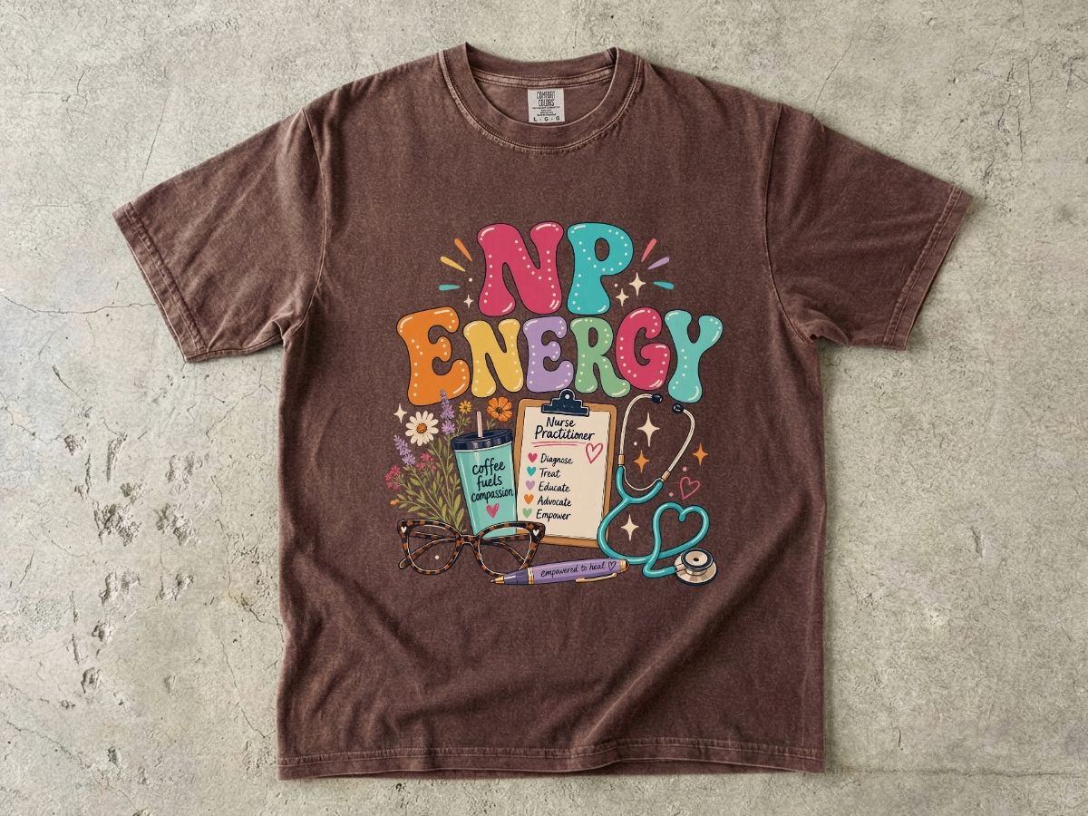 NP Energy Nurse Practitioner T-Shirt — Cute Stethoscope & Coffee Design