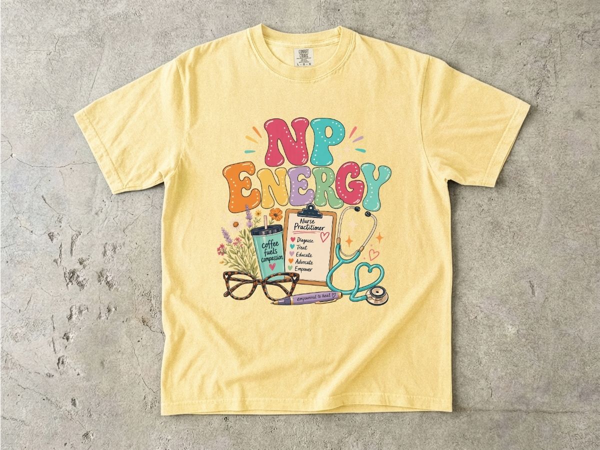 NP Energy Nurse Practitioner T-Shirt — Cute Stethoscope & Coffee Design