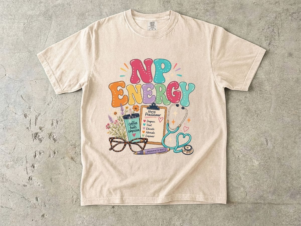NP Energy Nurse Practitioner T-Shirt — Cute Stethoscope & Coffee Design