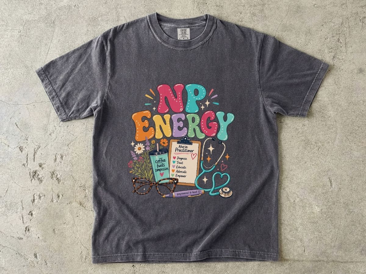 NP Energy Nurse Practitioner T-Shirt — Cute Stethoscope & Coffee Design
