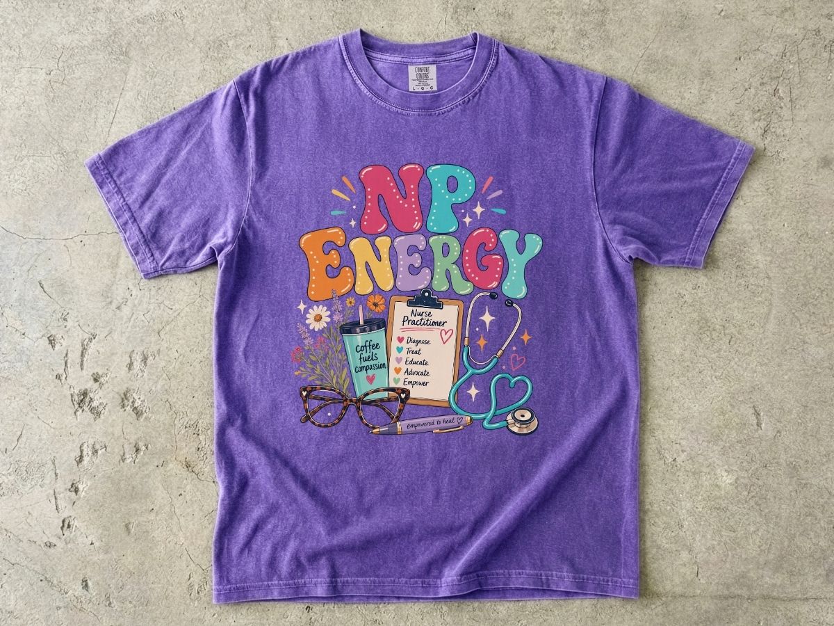 NP Energy Nurse Practitioner T-Shirt — Cute Stethoscope & Coffee Design