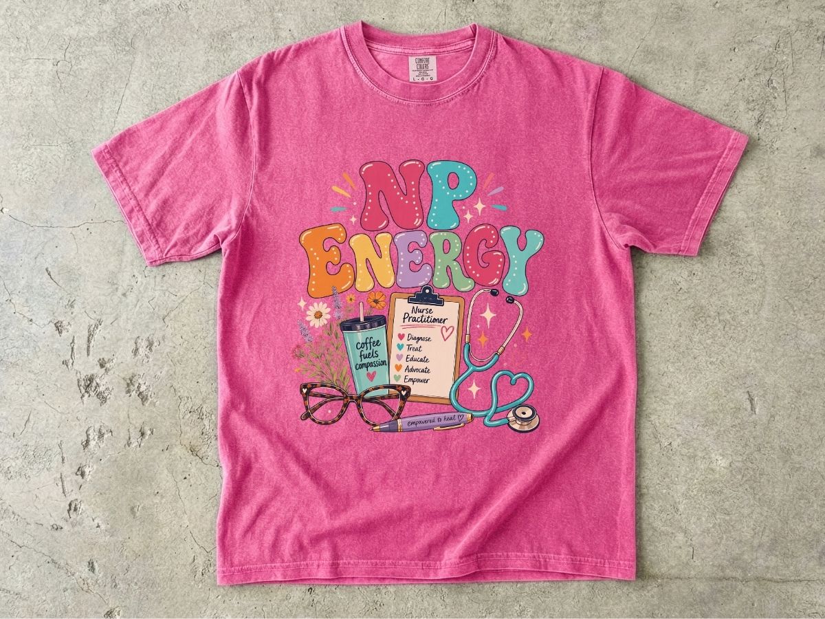 NP Energy Nurse Practitioner T-Shirt — Cute Stethoscope & Coffee Design
