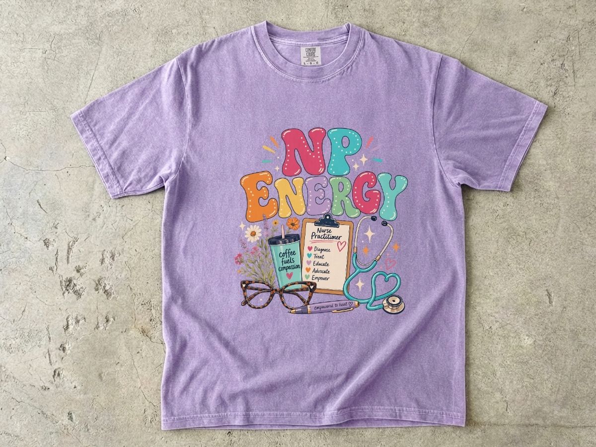 NP Energy Nurse Practitioner T-Shirt — Cute Stethoscope & Coffee Design