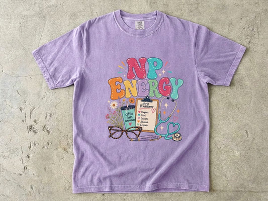 NP Energy Nurse Practitioner T-Shirt — Cute Stethoscope & Coffee Design