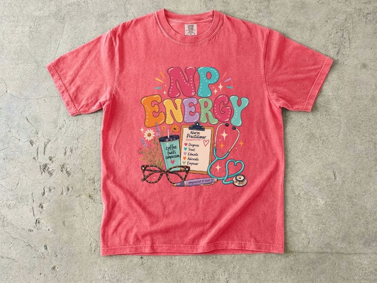 NP Energy Nurse Practitioner T-Shirt — Cute Stethoscope & Coffee Design