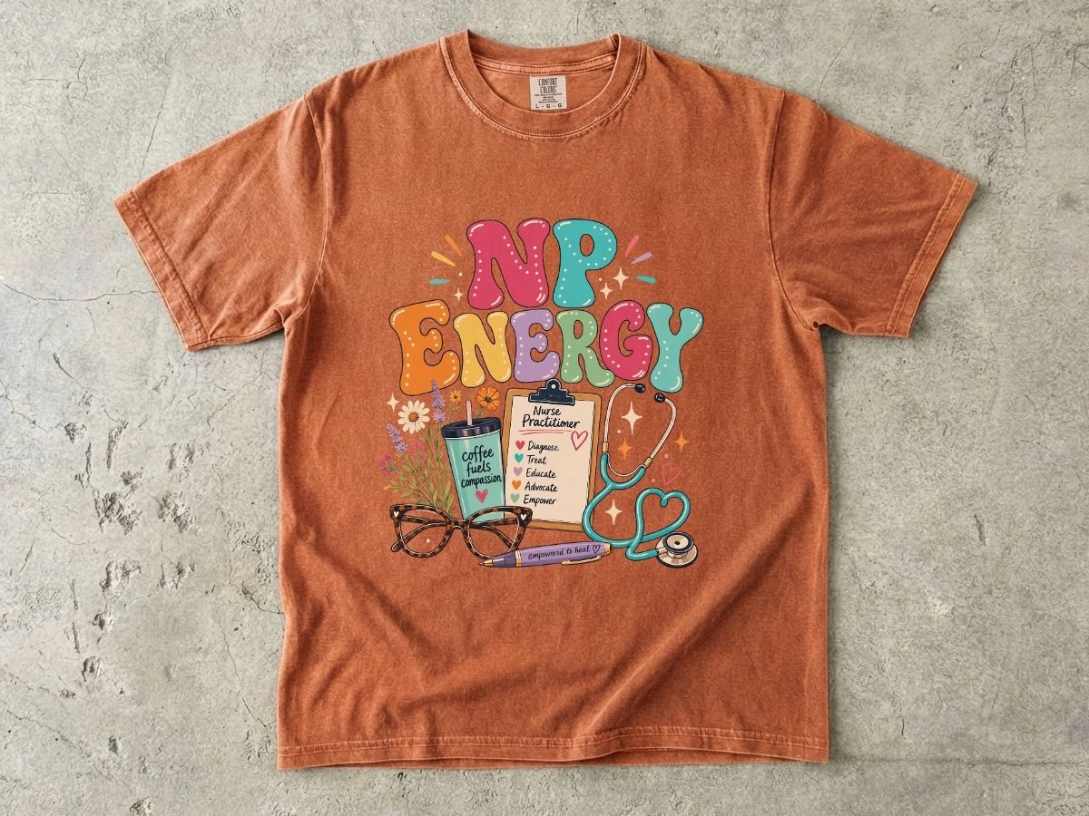 NP Energy Nurse Practitioner T-Shirt — Cute Stethoscope & Coffee Design