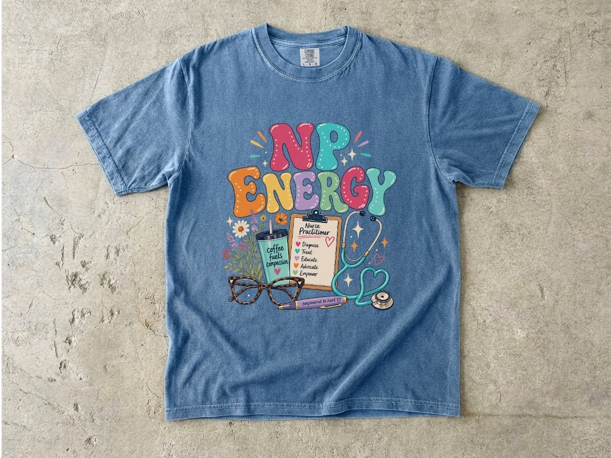 NP Energy Nurse Practitioner T-Shirt — Cute Stethoscope & Coffee Design