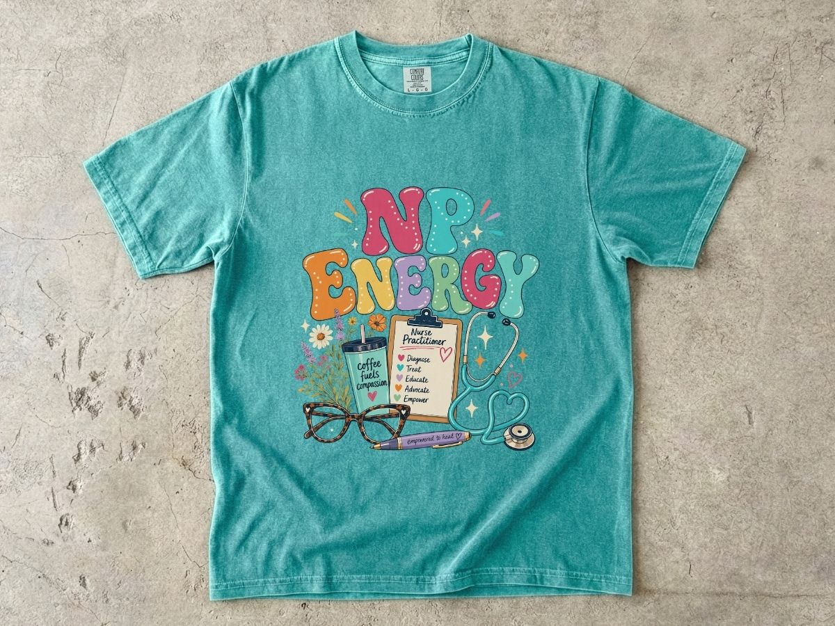 NP Energy Nurse Practitioner T-Shirt — Cute Stethoscope & Coffee Design