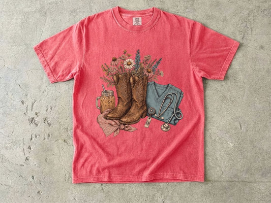 Western Boots & Wildflowers T-Shirt — Cowgirl Rustic Floral Tee