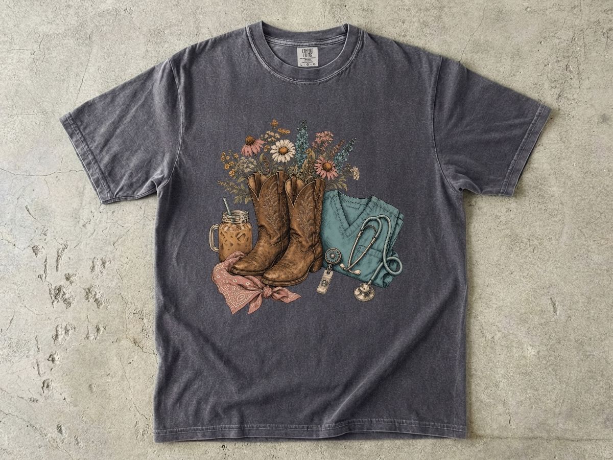 Western Boots & Wildflowers T-Shirt — Cowgirl Rustic Floral Tee