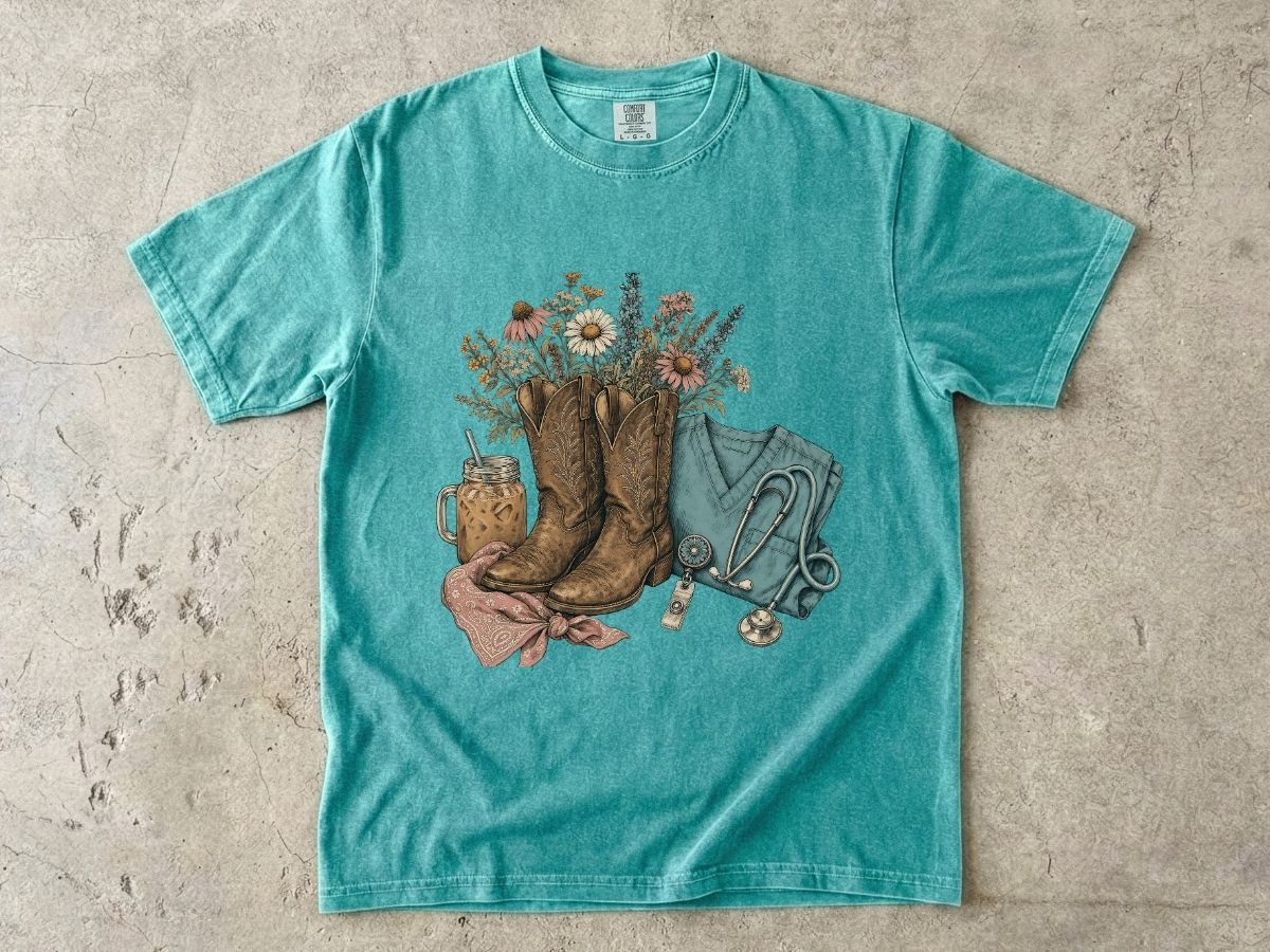 Western Boots & Wildflowers T-Shirt — Cowgirl Rustic Floral Tee