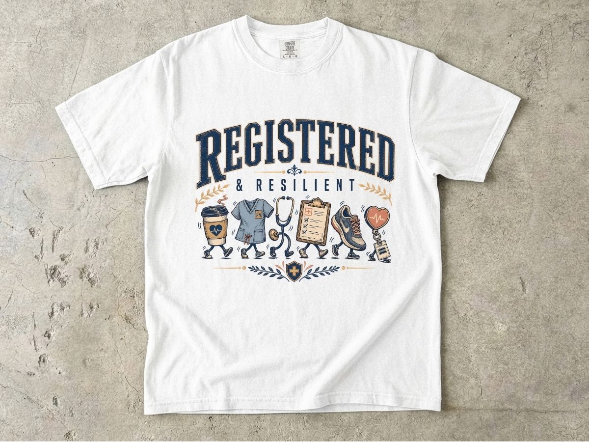 Registered & Resilient T-Shirt — Cute RN Nursing Icons Tee