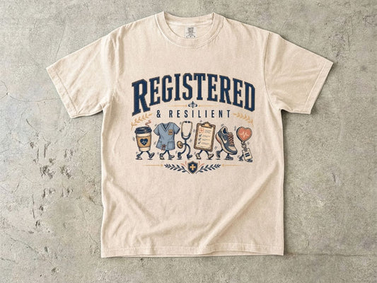 Registered & Resilient T-Shirt — Cute RN Nursing Icons Tee
