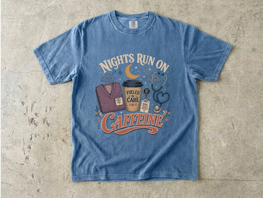 Caffeine T-Shirt — "Nights Run On Caffeine" Graphic Tee for Night Owls & Coffee Lovers